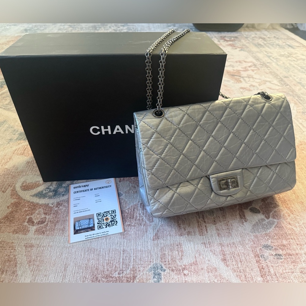 Chanel Silver 2.55 Reissue Quilted Double Flap Jumbo COA